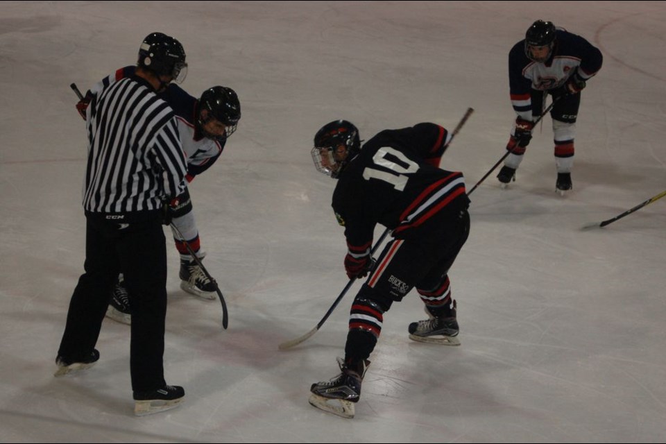 The Preeceville Pats midget hockey team (white jerseys) faced off against Langenburg in the fourth and deciding game of that playoff series in Preeceville on March 8.