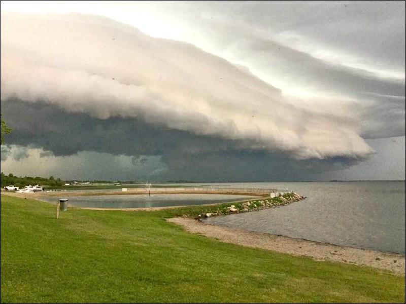 This was the storm approaching Wednesday, July 31, taken from just east of the berm at the beach in Meota. Swimmers were advised to leave the water for safety sake. Photo by Kathy Richardson, submitted by Lorna Pearson