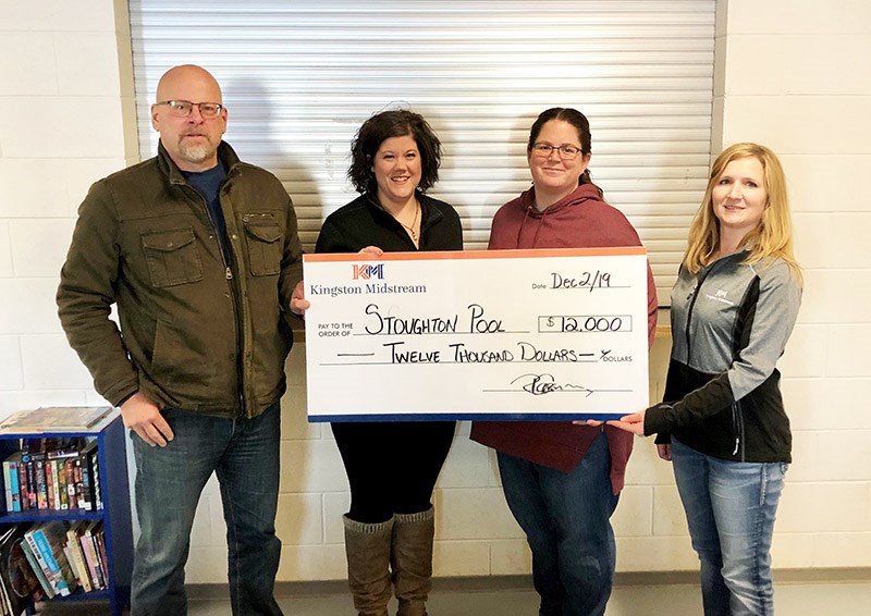 By way of the Richardson Foundation, Kingston Midstream donated $12,000 to the Stoughton Swimming Pool. This money will go towards purchasing a new boiler for the swimming pool. Left to Right: Perry Walliser – Superintendent West – Kingston Midstream, Kristy Hartfeild – Stoughton Swimming Pool Board, Kenda Gibson – Stoughton Swimming Pool Board, Janet Hall: Administrative Assistant – Steelman, Kingston Midstream.