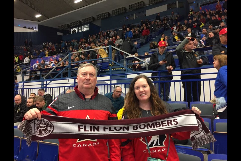 Carey Ellison and Ralph Ellingson made sure to represent Flin Flon while on their trip to the Czech Republic for the World Junior Hockey Championship earlier this month. - SUBMITTED PHOTO