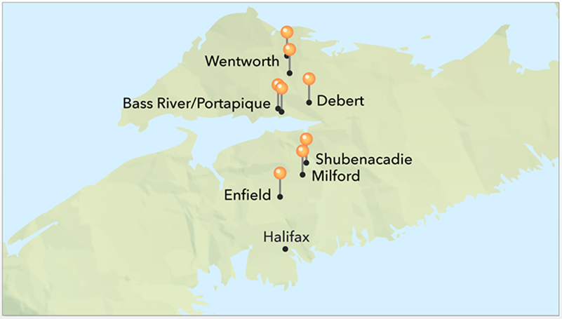 Map of Nova Scotia highlighting the location of Wentworth, Portapique, Debert, Shubenacadie, Milford