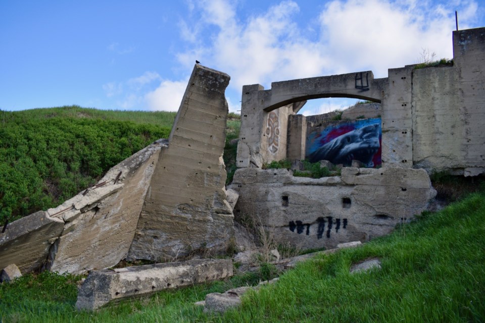 A shark graffiti appeared on what’s left of the Estevan Truax-Traer mine tipple late spring giving it a new sharp look. Photo by Anastasiia Bykhovskaia