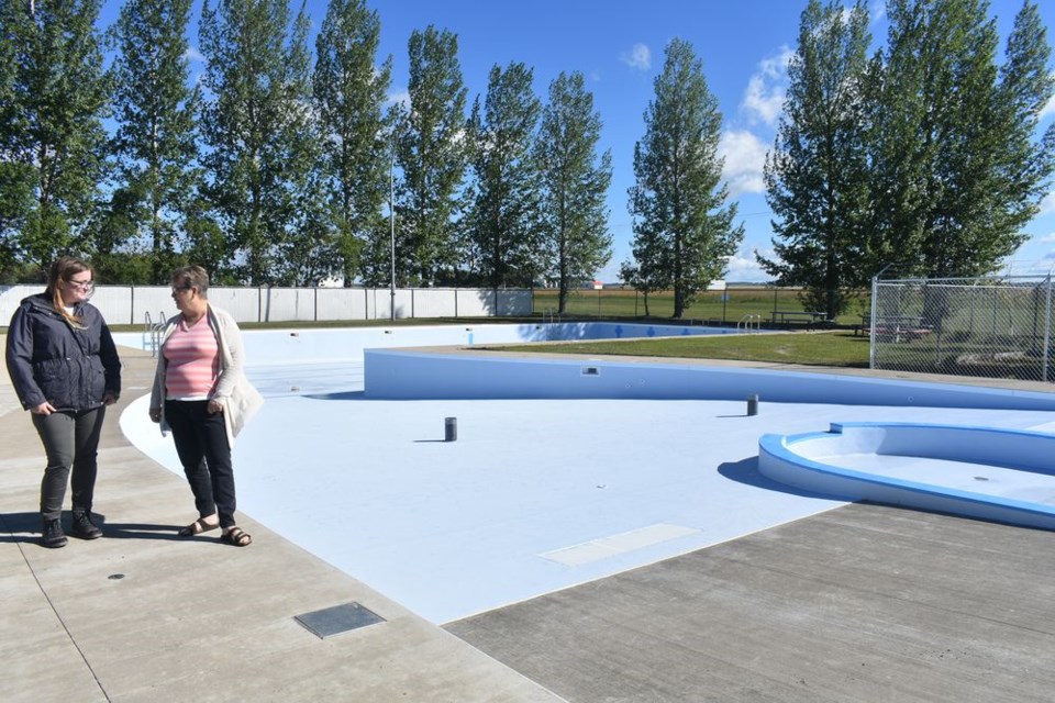 Last week Kamsack Mayor Nancy Brunt, right, and Dayna Guertin, Kamsack’s recreation director were at the Kamsack Swimming Pool looking at the enhancements of the facility which are nearly completed.