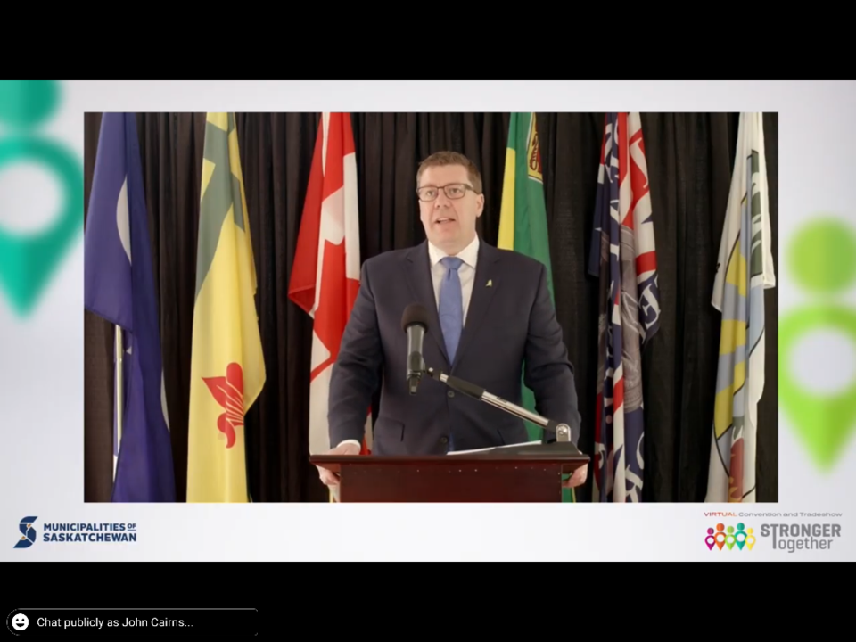 Premier Scott Moe addresses the virtual Municipalities of Saskatchewan convention. Screenshot by Joh