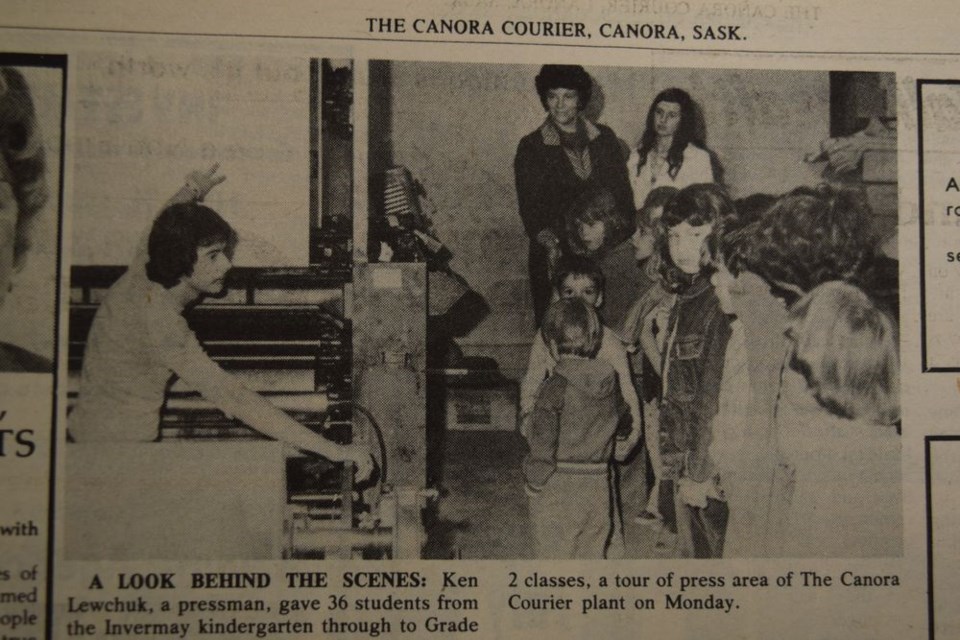 Ken Lewchuk, a pressman, gave 36 students from 1979 Invermay kindergarten through Grade 2 classes a tour of the press area of The Canora Courier plant.