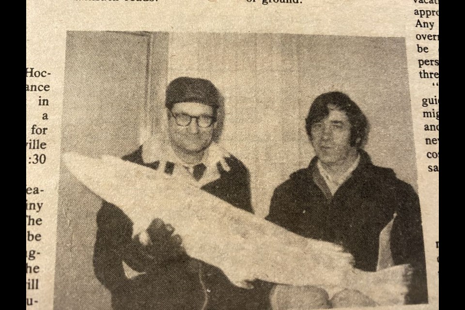 February 1, 1979- Alex Bilanchuk and Ernest Hrycenko of Endeavour could not believe their eyes when they caught this 17-pound jackfish that measured 40-inches long when they were ice fishing in Isbister Lake in the Woody Lake area.