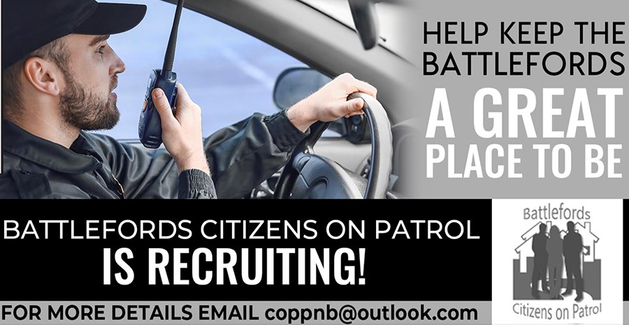 The recruiting poster for Citizens on Patrol, and its slogan “Help Keep the Battlefords a Great Plac