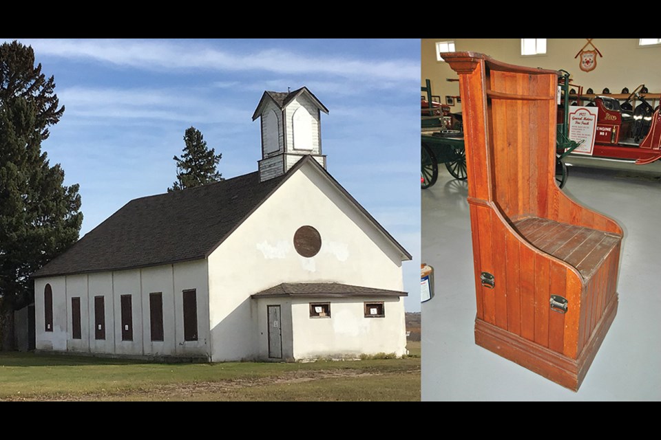 When workers entered a previously inaccessible area under the roof of the old St. Vital Church in Battleford, they discovered what initially appeared to be an old chair stored there. The artifact was delivered to the Fred Light Museum where research has been initiated to determine its origins. Photos submitted