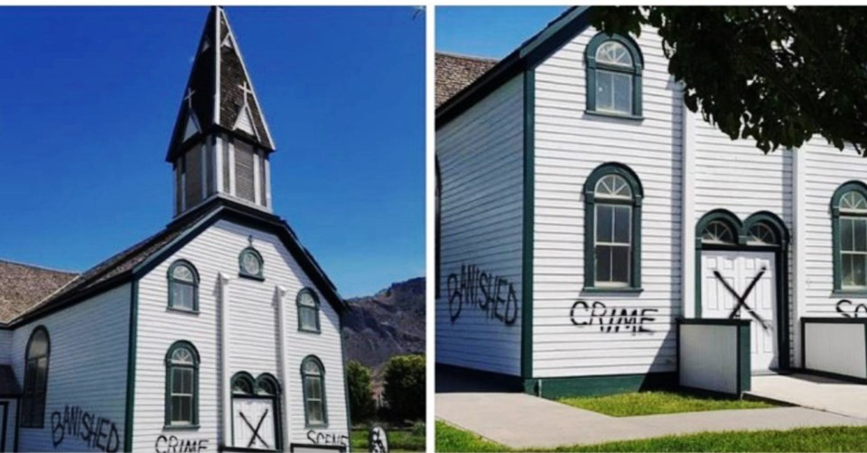 Somebody scrawled graffiti on the outside walls and door of the heritage St. Joseph's Catholic Churc