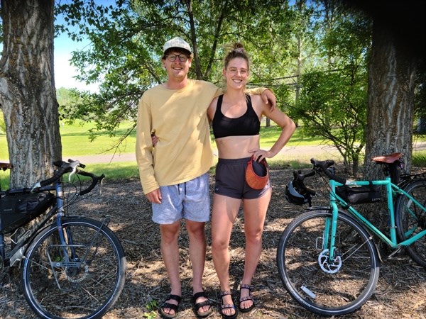 Karen and Joey Wagner became instant celebrities as they made an overnight stop in Unity on their cross-Canada cycle tour. The siblings left Vancouver May 11 with a goal of arriving in St. John’s, Nfld. by trip’s end. Photo by Sherri Solomko