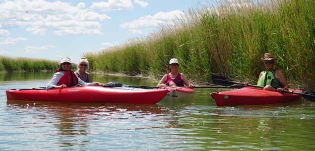 Meota kayakers Trudy Janssens and Lefa Sproxton out with kayaking friends on the Jackfish River. Photo by Shirley Adamus