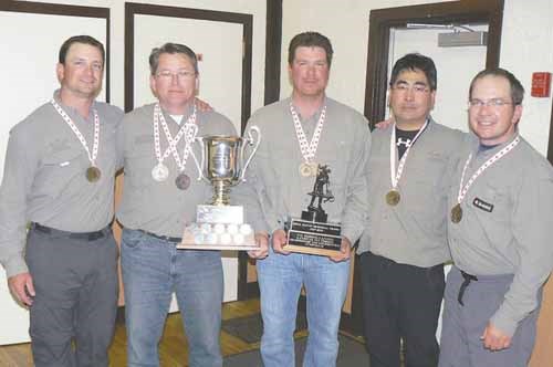 The Canadaian Fly Fishing awards presentation at the 2010 Nationals.  From Left to Right are:  Rob Stroud (BC), Todd Oishi (BC), Terence Courtoreille (NWT), John Nishi (AB) and Chris Pfohl (ON).