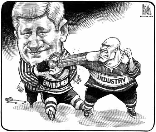 Referee Stephen Harper holds down 'environment' for 'industry'.