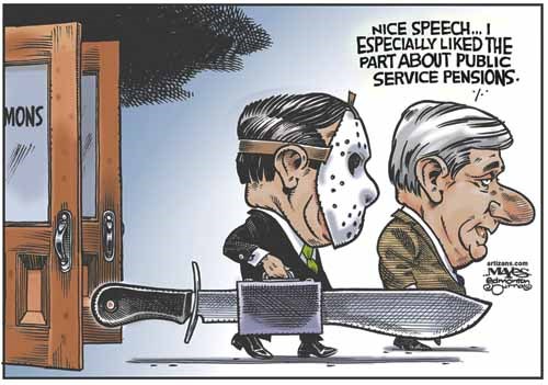 Jim Flaherty and Stephen Harper discuss cuts to Public Service Pensions