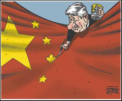 Stephen Harper paints Canadian maple leaf on Chinese flag.