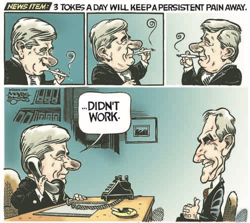 Stephen Harper uses marijuana to keep pain Michael Ignatieff away.