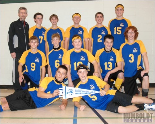 The Annaheim Rebels senior boys' volleyball team won the Horizon School Division Senior Boys Volleyball North League, defeating Englefeld on November 9. Back row (from left) coach Brian Fleischhacker, Cole Ramler, Joshua Hogemann, Travis Crone, Brett Kunz, Shawn Blechinger. Middle: Theodore Rohel, Dylan Knittig, Ryan Blechinger, Shane Kunz, Derrick Hogemann. Front: Jordan Hoffmann, Justin Ulrich. Missing: assistant coach Elliott Patton.