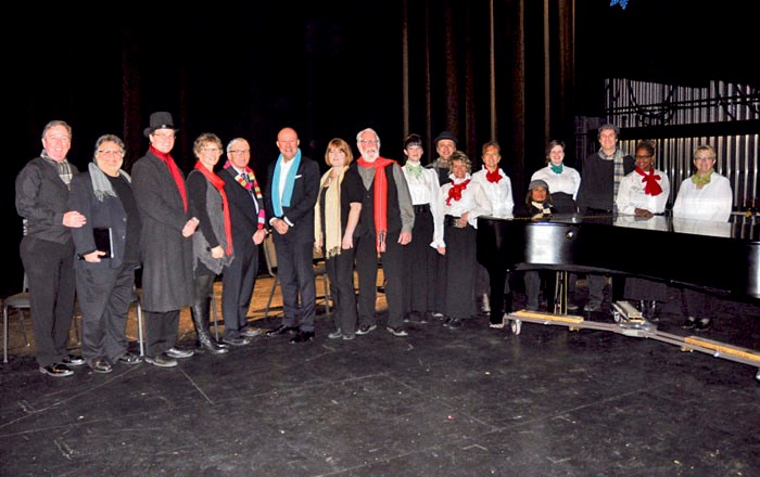 Producer Jim Walls, far left, with the cast and chorus of A Christmas Carol, a dramatic reading of Charles Dickens’ classic tale. The presentation was held Sunday at the Dekker Centre for the Performing Arts in North Battleford.