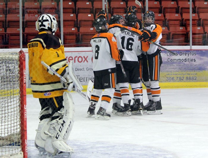 Estevan TS&M Bruins netminder Callum Spearing looks on as the Yorkton UCT Terriers celebrate one of their 11 goals on the day.