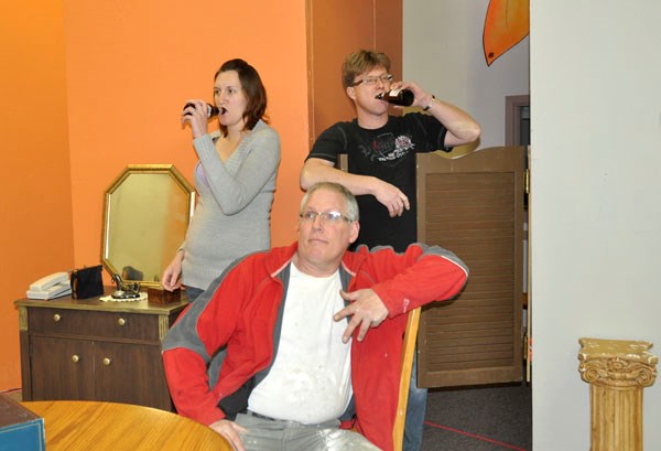 Danielle Barrett, Bernie Cardin and John Butler in rehearsal for Drinking Alone.