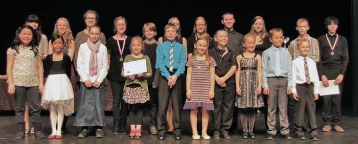 Piano Awards: Back Row: Madison Leister, Amy Schmaltz, Julia Breitkreuz, Zoe Flaman, Tyler Walker, Elizabeth Reid, Sarah Walker, Ben Fetsch, Alexandria Flaman, Jakob Surjik, Evan LaJambe; Front Row: Beatrice Molo, Julianna Ubongen, Rebekah Richards, Macy Stackhouse, Evan Richards, Angela Fetsch, Jon Fetsch, Signy Thorsteinson, Tryggvi Thorsteinson, Trystan Thorsteinson. Missing: Chelte Young, Devynn McIntyre, Rebecca Zimmer, Kennedy Kosheluk, Jaidyn Katzell, Jaya Code, Nick Fetsch.