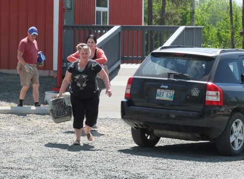 Suzanne Daigle (front) and Lisa Goodfellow were among the volunteers who helped evacuate cats and dogs to safety during a cautionary evacuation.