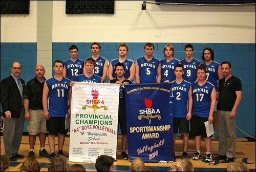 The senior Royals received their silver medal banner as well as the sportsmanship award on May 22. Back row - Kieran McConnell, Mason Detillieux, Zachary Gordon, Jonathon Seipp, Travis Burgess, Mason Blais, Dawson Malenfant. Front row - Lyle Keller (SHSAA director) coach Lorne Long, Bailey Morin, Dallon Becotte, Anthony Cole, Tyson Long, Ryan Becotte and coach Mike Lee. Missing is Jesse Cadrain.