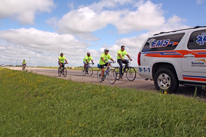 Doggone good time Participants in the 9th Annual Old Dog Run from Kamsack to Yorkton ride along Highway 9 near Ebenezer on August 8. The 177 kilometre trip for riders over the age of 50 raised $14,000 for a wheelchair accessible playground at Victoria School. Tom Campbell, one of the founders said they got back to Kamsack tired but had a “doggone good time.”