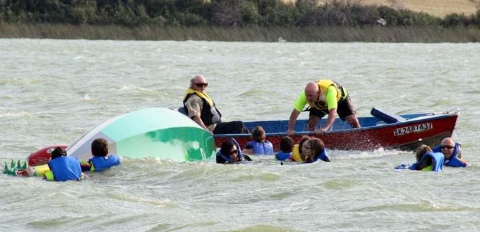 Blustery conditions resulted in a dragon boat flipping over and dumping Kungfoolery into York Lake on Saturday afternoon at the YCKC developmental regatta. The winds did not die down meaning all races scheduled to begin after 4:00p.m. were cancelled.