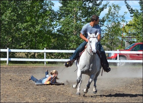 Keara Amson and Tyrel Jonescu doing the hide race at the Radisson Fair Gymkhanawith Tyrel riding Winnie the horse. Photos submitted by Lorraine Olinyk