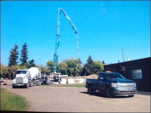 The first big pour has been completed at the new Wind River Condos being built in Meota. The condos are being built behind the community complex, so the location is handy to all Meota services downtown. This pour was the first of the walls in place using foam forms in the west half of the building.