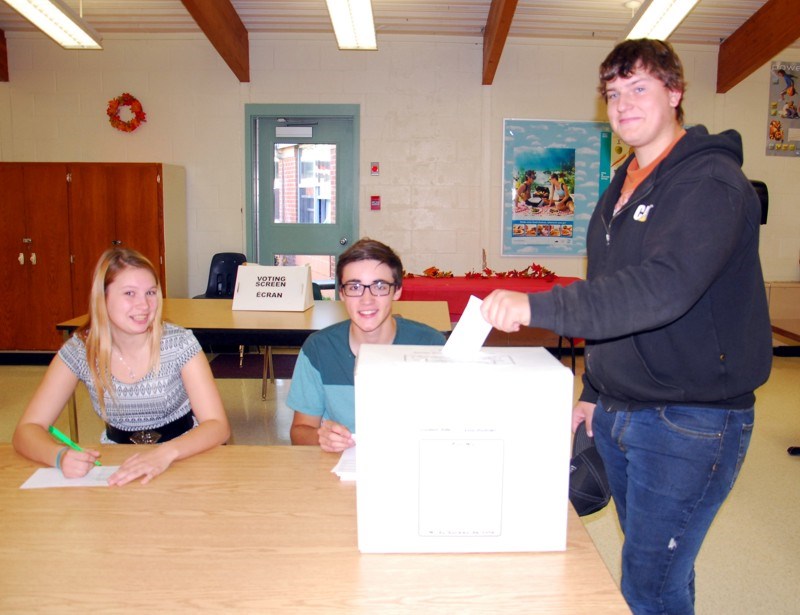 Voting practice
Though they are still too young to be eligible to vote in the federal election, students of the Canora Composite School were introduced to the process through a national program called the Student Vote Campaign. After researching the candidates and each party’s platform, the students took part in a poll on October 15. Dropping is ballot in the box was Elias Barteski, while the poll clerks, Shaelynn Bazarski and Dale Weinbender, observed.