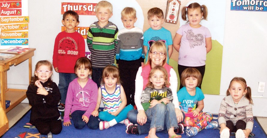 At right, the four-year-old Preeceville Nursery School students had their first day of class on September 16 with 12 students attending. From left, were: (back row) Kingsten Darmochid, Carter Moekerk, Ethan Balawyder, Gavin Erickson and Trenley Nelson; and (front) Charlee Gibb, Briley Friday, Melissa Durand, Lori Newton, teacher, Keenan Walker, Madisyn Pole and Hailey Spray. Missing was Cryel Singkala.