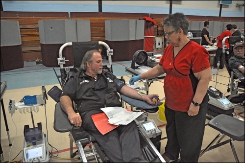 It’s in Him to Give — Battleford’s Barry Grant donated blood for the 95th at the Canadian Blood Services donation clinic at the Don Ross Centre gymnasium Nov. 10.