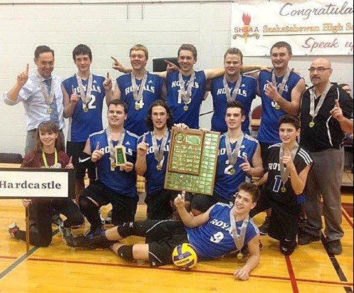 The H.H.S. Senior Royals won gold in the SHSAA 2A provincial volleyball championships Nov. 27 and 28 in Kincaid and Gravelbourg. Back row — coach Mike Lee, Kieran McConnell, Travis Burgess, Mason Detillieux, Zach Gordon, Jon Seipp, Coach Lorne Long; middle row — Chloe Forest (guide), Bailey Morin, Dawson Malenfant, Tyson Long, Blake Blais; front — Mason Blais. Photo submitted by Brenda Pollard