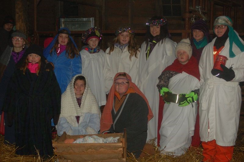 The combined United Churches of Trinity and Grace hosted a barn service with the story of Jesus's birth at the home of Grant and Lisa Peterson near Preeceville on December 20. Cast members, from left, were: Page Reynolds, Gabby Murray, Hannah Kidder, Sydney Kidder, Zanthany Olson, Shanae Olson, Kylie Babiuk, Kirsten Murray, Mason Babiuk, Paige Hansen and Austin Bartch.