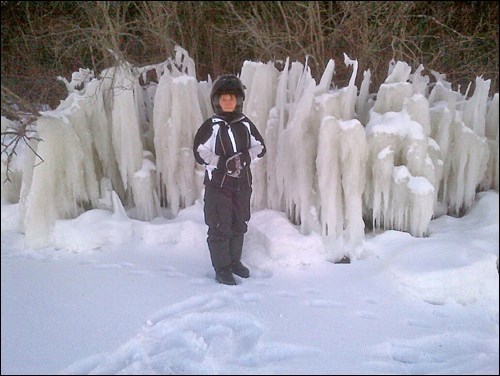 Ken and Adele Booth of the Ranger district, west of Leoville, were out snowmobiling recently when they came upon these ice spikes along the south shore of Chitek Lake. Some were taller than Ken, who is over six feet. Ken describes how these must have been created. When the ice on the outer edge of the lake was well frozen over, a strong north-westerly wind must have caused waves under the ice to push up in weak spots along the shoreline for about a mile. The picture was taken just south of the “little island,” a popular fishing spot. Photo submitted by Lorna Pearson