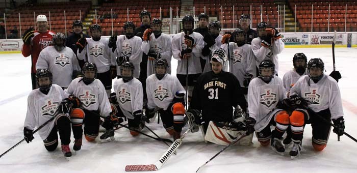 Marty McSorley ran on-ice sessions for local bantam (pictured) and novice (not pictured) players during the Hockey Day in Canada events that took place at the Gallagher Centre on Saturday.