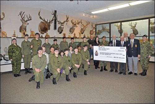 Poppy Fund Supports Cadets — North Battleford Royal Canadian Legion Branch No. 70 presented a cheque for $3,000 to the Royal Canadian Army Cadets Corps 2537 at the Battlefords Wildlife Federation building in North Battleford last week. The money was raised by the Legion’s Poppy Fund.