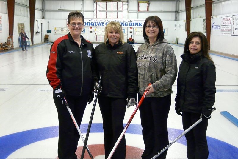 The Sharon Draper rink of Preeceville won the first event at the Norquay Ladies Bonspiel held March 9 to 12. On the team, from left, were: Sharon Draper, skip; Denise Olson, third; Darleen Walker, second, and Sharon Beleski, lead.