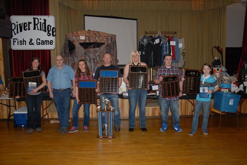 From left, receiving awards in various angling categories were: Sharon Ripa, senior perch and women’s catch-and-release; Brent Danylko, sturgeon; Kailey Sleeva, sauger and junior catch-and-release walleye; Reg Zackrisson, lake trout, walleye aggregate, catch-and-release northern pike, and catch-and-release walleye; Shayla Strelioff, senior northern pike; Matthew Haas, junior catch-and-release northern pike; and Nathan Matechuk, junior perch.