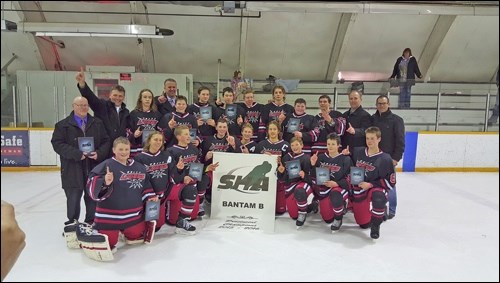 The Unity Provincial B Bantam championship team: back row - Pat Risling (head coach), Jack Biensch (assistant coach), Keiran Watier, Kevin Scherr (assistant coach), Danton L’Heureux, Carter Cammidge, Luke Sperle, Andrew Kratchmer, Jaxon Bertoia, Easton McLean, Thomas Ward, Pat Sperle (assistant coach), Regan L’Heureux (manager); front row - Tyson Krpan, Trey Pernitsky, Garin Scherr, Raedyn Brown, Dillon Poschenreider, Ethan Scherr, Jacob Biensch, Isaak L’Heureux and Colby Ralston. Photo by Sherri Solomko