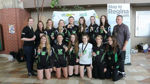 The 鶹Ƶeast Vipers earned gold in Division 2, Tier 2 at Sask Cup 3 over the weekend of April 2-3. (Back row l-r) Kelly Running (Asst. Coach), Teresa Johnston (Manager), Shae Johnston, Sadie Fichter, Amy Stolz, McKenna Harkness, Haley Chapman, Ashleigh Wolensky, and Eugene Brown (Head Coach). (Front row l-r) Kenzie Fleck, Katelyn Hutt, Madison Cuddington, Hope Robertson, Hailey Fleck, and Kennedy Magotiaux.