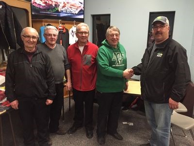 The Ron Hoehn rink won the Canora Men’s Bonspiel which was held March 8-12. From left were: Mike Spelay, lead; Bob Roll, second; Merv Tomski, third; and Ron Hoehn, skip. Making the presentation was Kelly Beblow, curling club president.