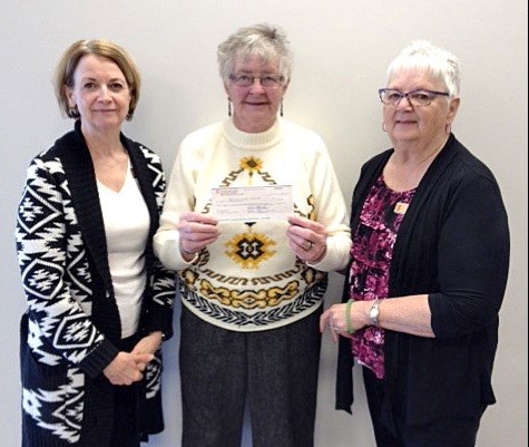 Annabelle Kotun (left) and Gail Ferster (right) present a $,5000 cheque on behalf of Spiritwood Scotiaband to Mary MacDonald (center) treasurer of Rabbit Lake and District Agricultural Association. Photo by Alan Laughlin