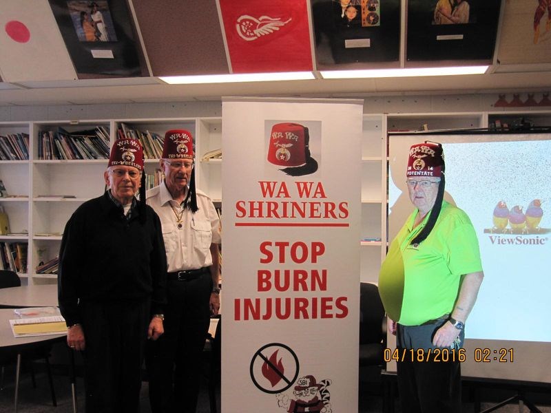 Shriners who participated in the Stop Burn Injuries presentations at the Cote and Keeseekoose schools last week, from left, were: Al Makowsky of Kamsack, Leroy Charbonneau of Theodore and Ken Eskdale of Regina.