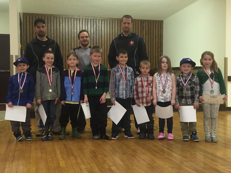 Members of the IP team to attend the hockey banquet on April 14, from left were: (back row) coaches Lee Symak, Tyler Lorenzo and Ryan Gareau, and (front) Seth Symak (most improved award), Parker Lorenzo, Jackson Gareau, Brady Rezanoff, Joshua Vidomski, Marcel Rousseau, Isobella Marsh (sportsmanship award), Rhys Lawless (dedication award) and Jordyn Kazakoff.