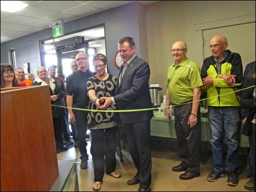 Marlene Irwin, the longest serving employee of all locations of Innovation Credit Union was given the privilege of the official ribbon cutting alongside Daniel Johnson, CEO of Innovation credit Union April 27 at the grand reopening of Innovation Credit Union Wilkie Advice Centre. Photos by Sherri Solomko