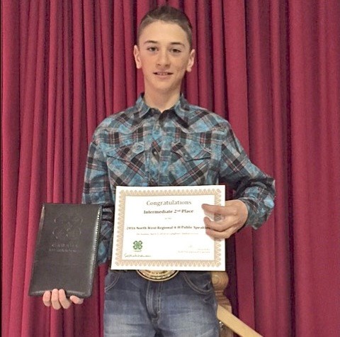 Crown Hill 4-H member Justin Yasieniuk earned second place in the intermediate category of the North West Regional 4-H public speaking competition. He advanced to provincials. Photos submitted