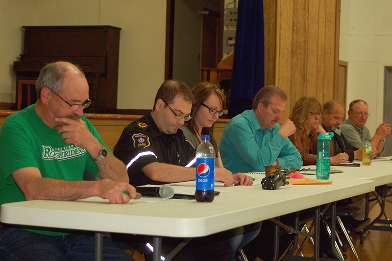 The Town of Preeceville and surrounding areas hosted a town meeting on May 30 to deal with the issues faced when Sunrise Health Region announced that is closing the emergency and acute care at the Preeceville Hospital effective June 1. The committee established to combat the decision is comprised of, from left: Jim Ward, Mark Bourassa, Stacey Strykowski, James Bodnar, Lisa Peterson, Bradley Romanchuk and Lorne Olineck.